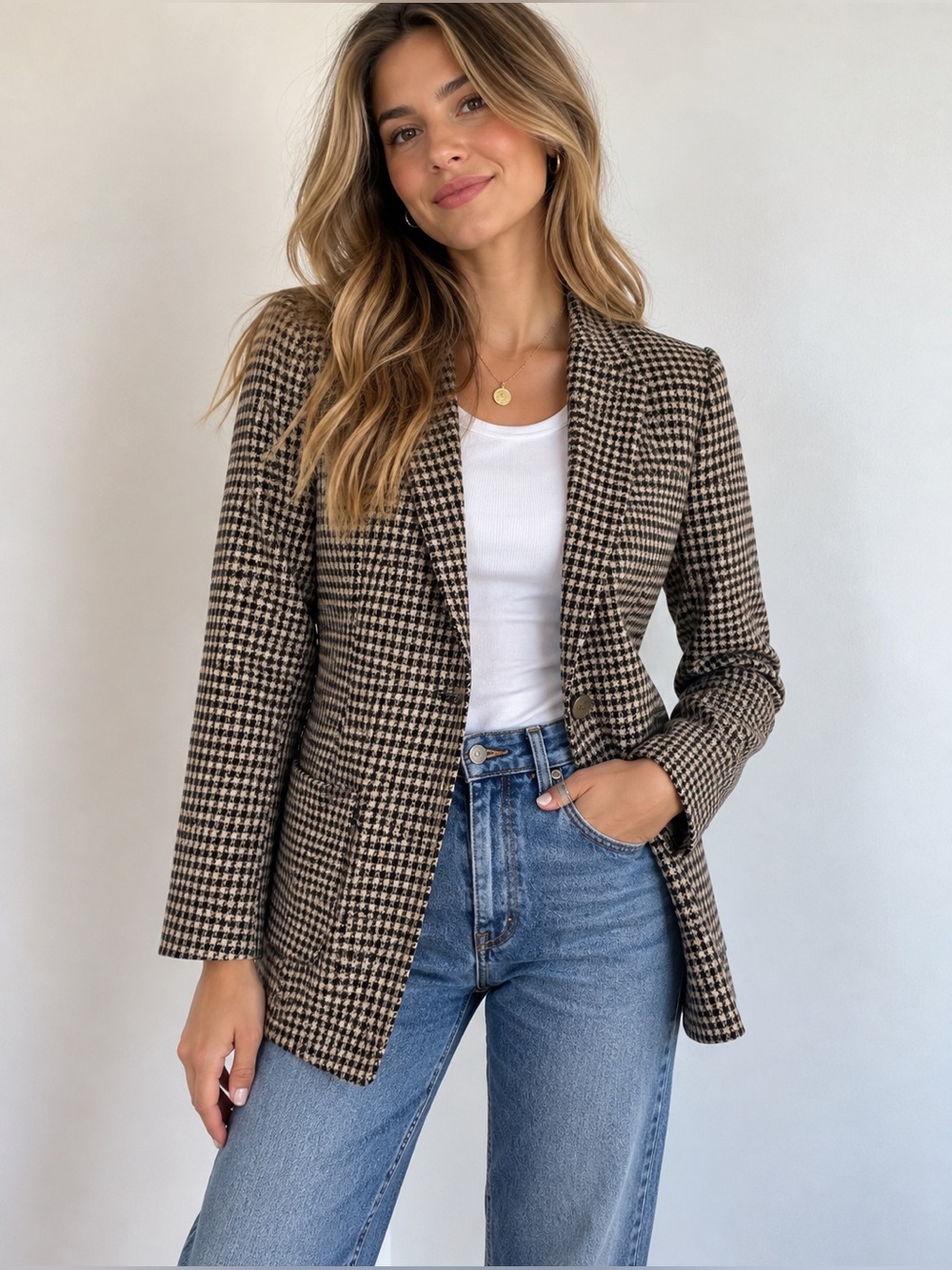 Tommy Hilfiger Houndstooth Longline Blazer Women’s 4 Black Tan Preppy